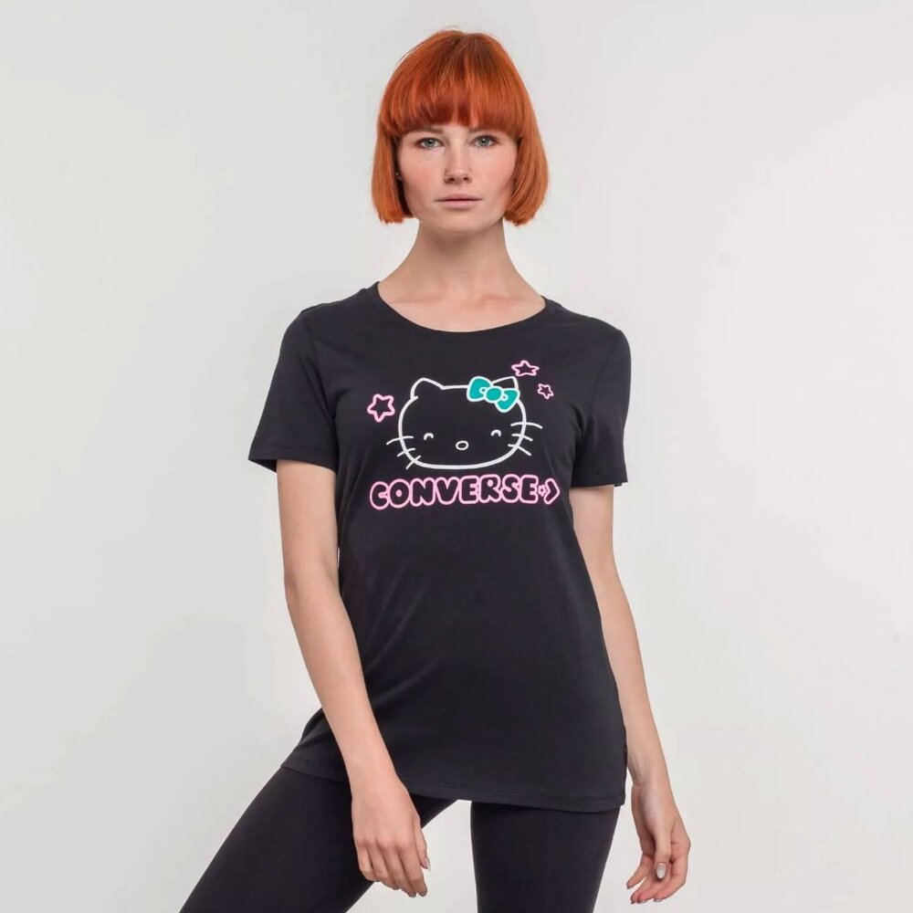 Women's Converse x Hello Kitty Stars Tee Size Small Black T-Shirt NWT